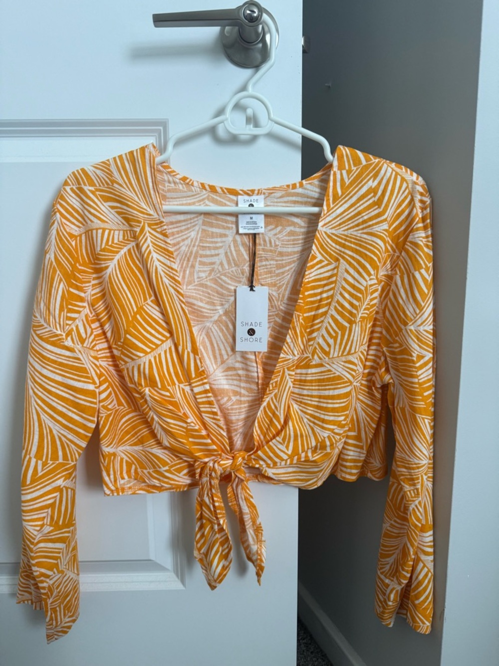 Shade & Shore Yellow Leaf-Print Tie-Front Crop Top